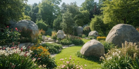 Fototapeta premium Bright garden vista featuring striking large boulders and flourishing flowers amidst green foliage and natural light copy space