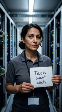 Ernste IT Netzwerktechnikerin mit mediterraner Heritage in grauem Polo h&auml;lt Papier Tech sucht dich im Serverraum &ndash; Recruiting Frauen in IT