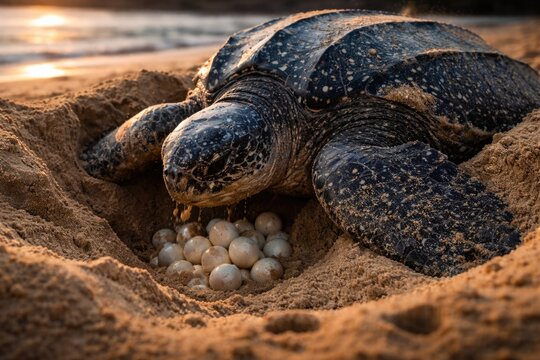 Close up view of leatherback turtle's nesting ritual on coastal sand