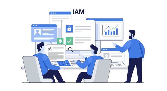 IAM Identity and Access Management Security Concept Illustration with People Working on Cyber Security Dashboard and User Authentication Data Protection