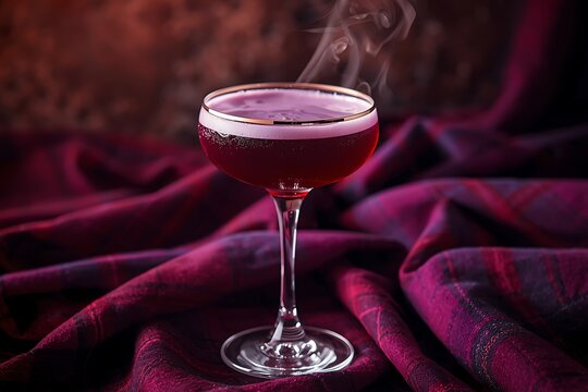 Red cocktail with foam and smoke in a coupe glass on a textured purple and red fabric martini glass home bar cocktail beverage celebration refreshment burgundy drinkware stemware concoction