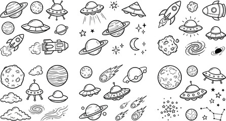 Black and White Space Doodle Vector Icon Set Featuring Hand Drawn Planets Rocket Ships UFOs Stars and Alien Spaceships for Coloring Books © Roymohan
