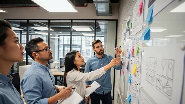 Group of professionals collaborating on presentation in modern office