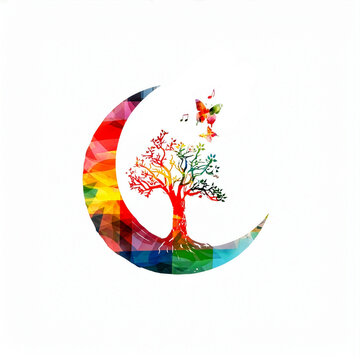 Colorful Crescent Moon with Tree and Musical Notes. Night Music Nature Art