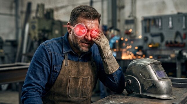 Welder man touching painful eye with red flash. Worker suffering from photokeratitis or eye irritation due to welding work. Industrial workplace safety and ocular health risk concept.