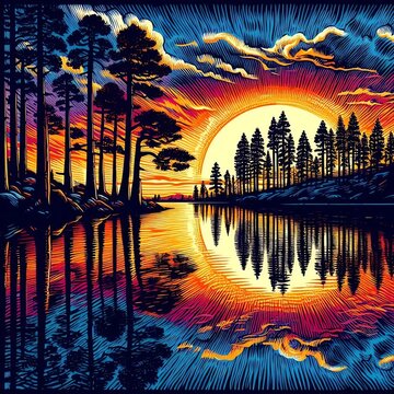 vibrant sunset over a tranquil lake framed by tall pines, reflecting, rendered in a highly saturated woodcut-inspired illustration with thick outlines, bold color blocks, dramatic shadow contrasts