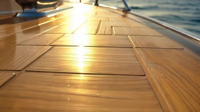 AI generated 4k close up of wooden yacht deck reflecting golden sunset lighting.