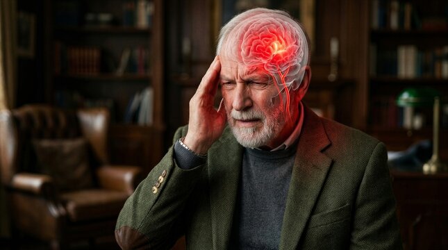 Elderly man touching his head with a visible illuminated red brain visualizing pain or migraine. Medical concept of neurological disorder, headache, or stroke symptom in an older male.