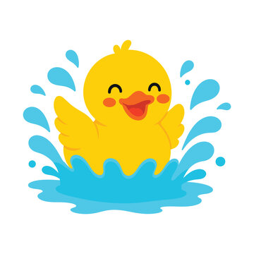 Cute yellow duck splashing water with open wings and happy face.