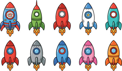Colorful Cartoon Rocket Ship Vector Icon Set Featuring Diverse Spaceships Blasting Off with Fire and Smoke for Kids Science and Adventure Designs © Roymohan
