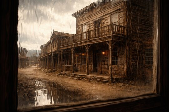 Reflection of aged wooden architecture in an empty town through rippled glass window