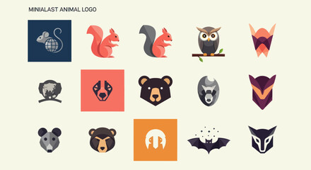 Fototapeta premium Cute Animal Logos and Icons Set: Owl, Bear, Squirrel, Mouse, Bat, Wolf