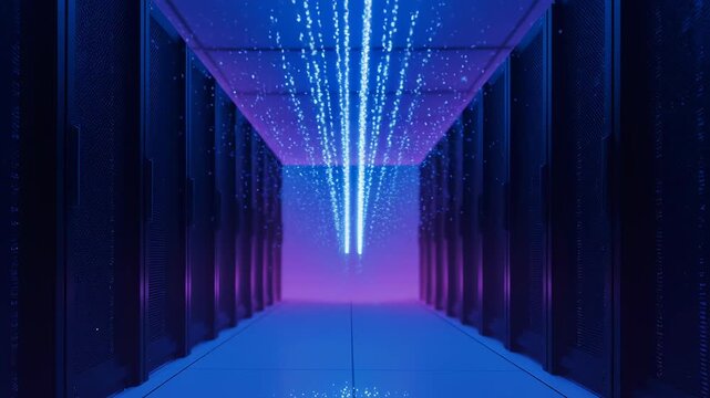 Illuminated Data Stream Flowing Through a Futuristic Server Room with Rows of Racks