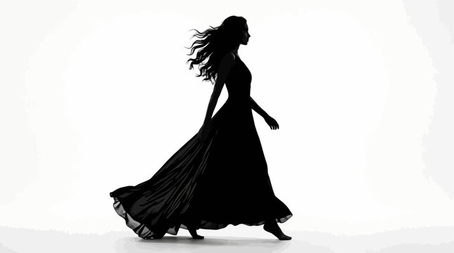 Elegant woman in long flowing black dress dancing gracefully in minimalist studio with dramatic lighting