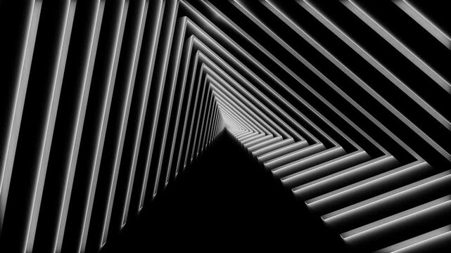 White glowing geometric triangle tunnel on black background seamless loop