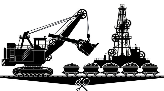 Mining Excavator and Coal Carts Vector Illustration