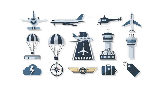 Air travel and transportation icons collection.