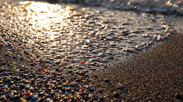 Sea wave washing multicolored pebbles on sandy beach shore at sunset. Tidal movement of ocean water over small stones and wet sand. Nature and coastal erosion