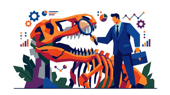 Businessman Examining Dinosaur Skeleton Vector Illustration