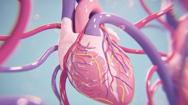 Close-up 3D animation of a human heart with arteries and veins, highlighting the circulatory system