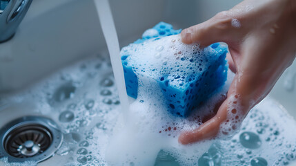 Fototapeta premium A cinematic close-up shot of hands using a blue sponge with lots of soap suds to wash a dish under the flow of a kitchen faucet, focusing on cleanliness and daily household chores.