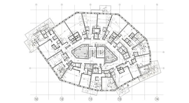 Large building floor plan with many rooms and a grid pattern