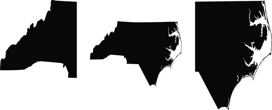 Black silhouette vector maps of North Carolina featuring the complete state outline alongside isolated western and eastern region views