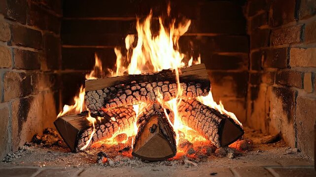 Warm fireplace in high definition concept. Cozy warm fireplace burning wood logs with bright flames in a rustic home setting