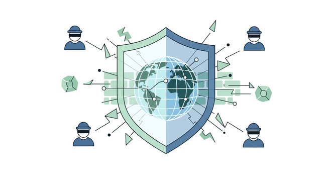 Global Cybersecurity and Data Protection Shield Concept with Firewall and Hackers Icons. Flat Vector Illustration for Network Security and Online Privacy.