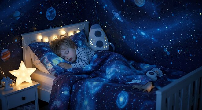 Child sleeping in space themed bedroom