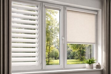 Fototapeta premium Window made of plastic PVC with sleek roll blinds and angled louver panels