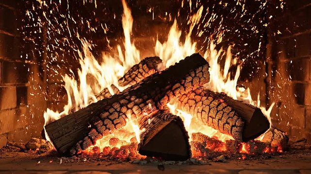 Warm fireplace in high definition concept. Cozy warm fireplace with burning wood logs and glowing embers for home comfort and relaxation
