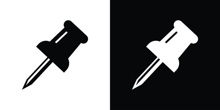 Angled push pin or thumbtack vector icon. Minimalist black and white diagonal office pin graphic for corkboard notices, mapping, and project management UI elements.