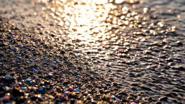 Ocean waves washing over dark pebble beach at sunset. Sea water receding across colorful stones and sand. Natural coastal landscape with golden light reflection