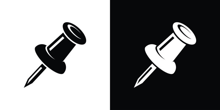 Angled push pin or thumbtack vector icon. Minimalist black and white diagonal office pin graphic for corkboard notices, mapping, and project management UI elements.