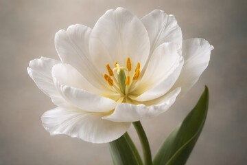 Fototapeta premium Detailed full bloom of a white tulip with refined petals and noticeable stamen on a calm muted backdrop