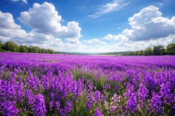 Fototapeta premium Purple flower landscape beneath a radiant blue sky with fluffy white clouds