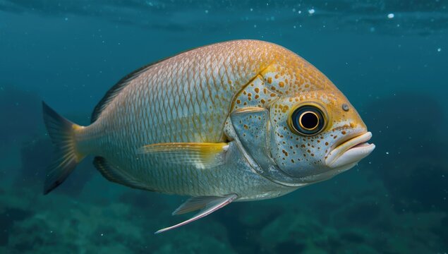 Golden Sea Bream Swimming in Clear Mediterranean Water Underwater, Vibrant Colors, Detailed Texture