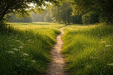 Fototapeta premium tranquil footpath stretching through a thriving emerald grassland setting