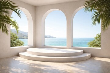 Obraz premium Contemporary minimalist interior with curved podium and arched windows overlooking sea landscape and illuminated by natural light with palm leaves copy space