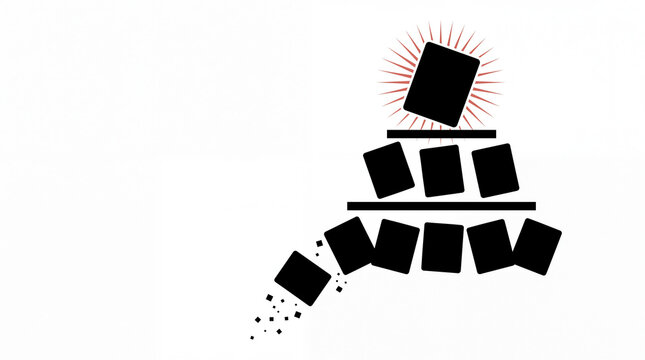 Tower of blocks collapses with one block shining brightly on top symbolizing failure and chaos in business and finance