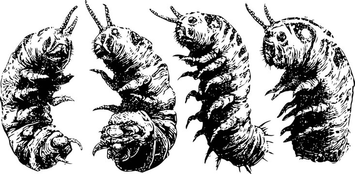 Illustration of four detailed beetle larvae in various poses with segmented bodies and antennae