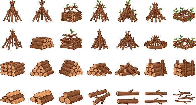 Large collection of wooden logs and campfire structures including bundles, stacks, and teepee styles for outdoor camping and survival nature vector illustration projects.