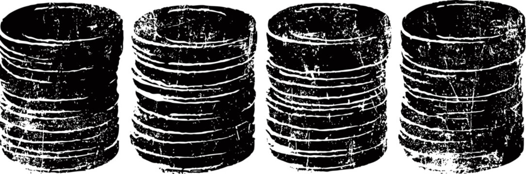 Four stacks of poker chips arranged in a row on a white background