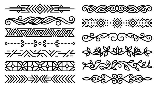 A set of black and white tribal patterns on transparent background