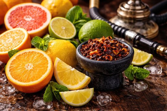 Aromatic hookah tobacco mix of orange lime lemon and grapefruit citrus fruits with copy space