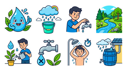 Fototapeta premium A colorful vector graphic illustration of water conservation and usage icons on transparent background