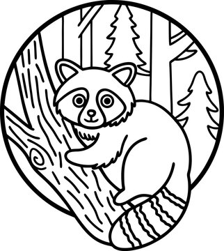 Raccoon sitting on tree branch in forest with pine trees in circular outline design