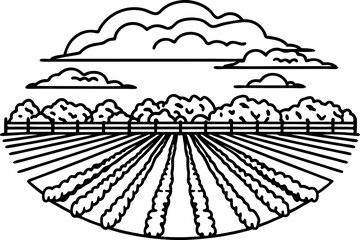 Fototapeta premium black and white illustration of a farm field with rows of crops, fence, and cloudy sky