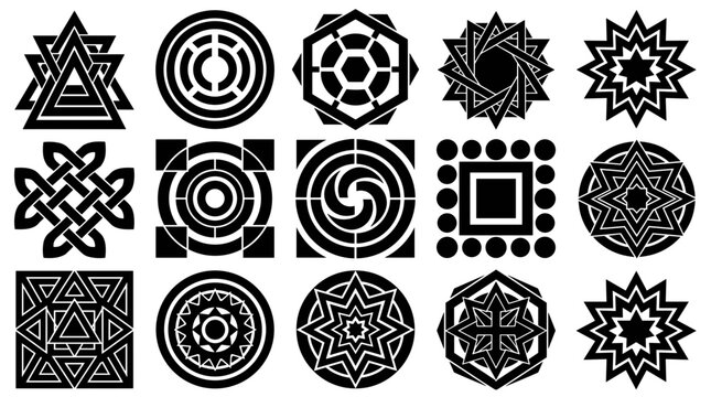 A set of black and white geometric shapes on transparent background
